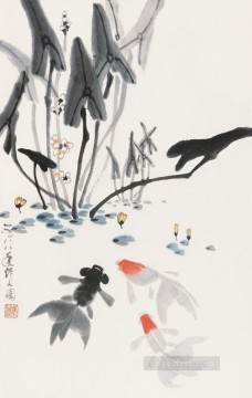 呉作人 魚遊び 1988年 古い中国の墨 Oil Paintings